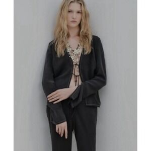 Zara Washed Black‎ Tie Easy Modal Long Sleeve Split Top Women's Size XS Raw Hem